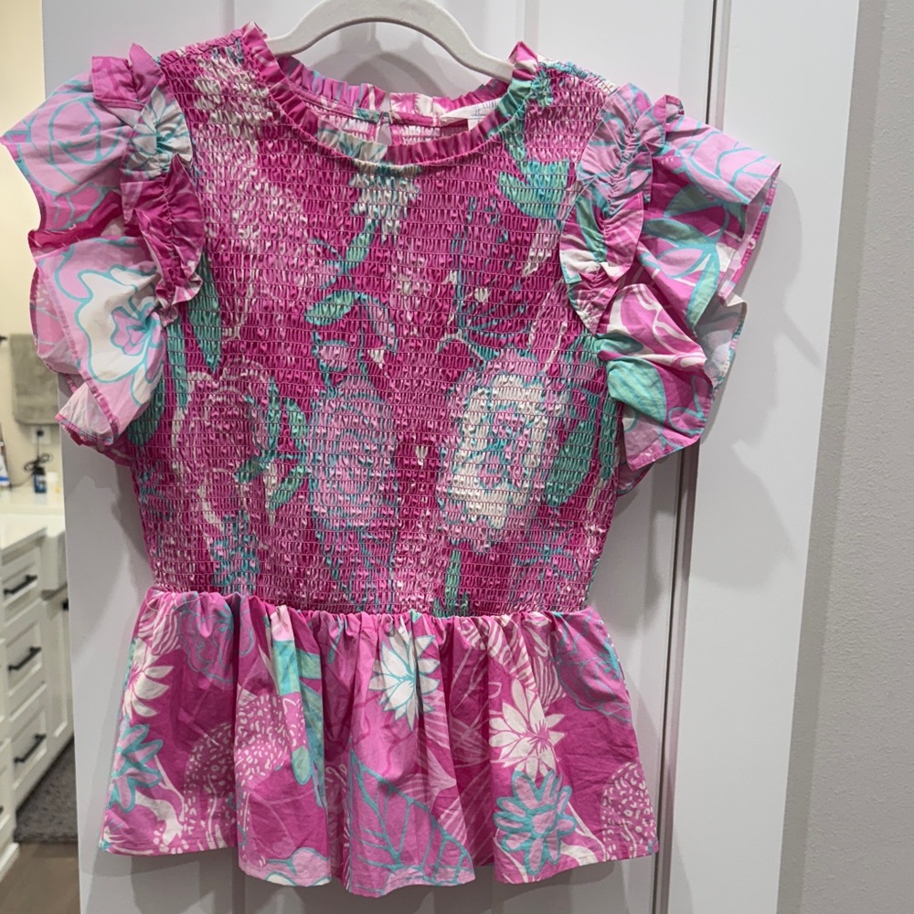 Pink Poplin Floral Peplum Ruffle Top